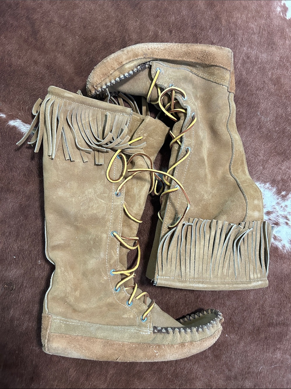 Fringe Suede leather Knee-High Moccasin Boots - Tan